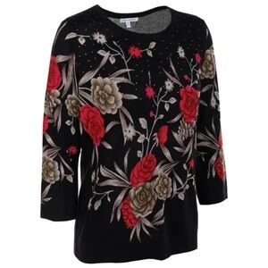 NWT Emily Daniels Lightweight 3/4 Sleeve Embellished Black Sweater Petite Medium